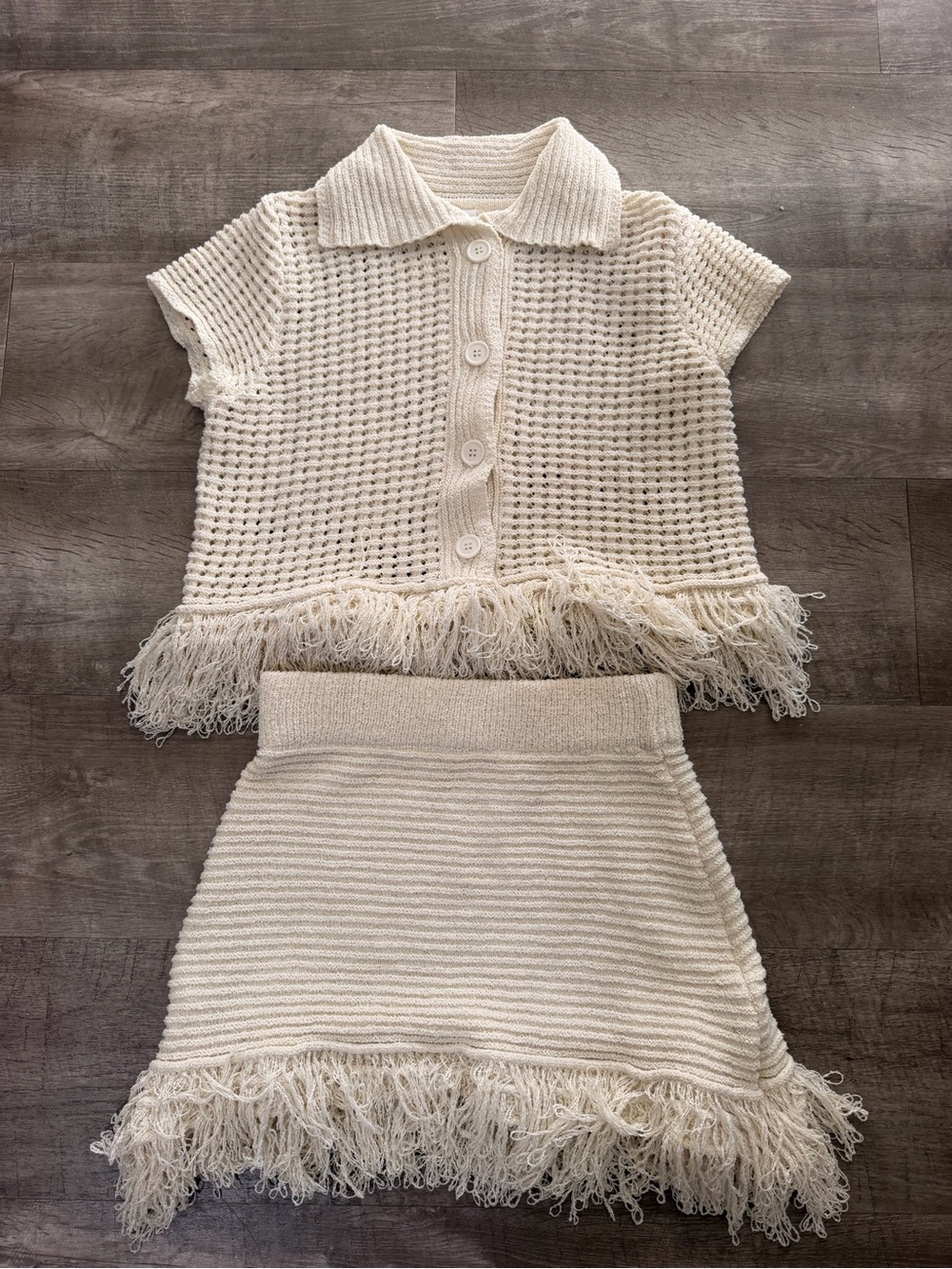 Girls Cream Knit Fringe Two-Piece Dress Set